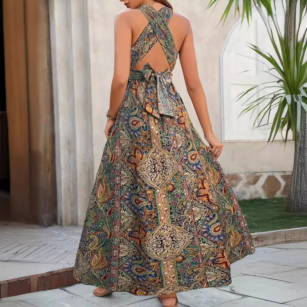 Tropical Print High Waisted Cross Halter Neck Maxi Dress