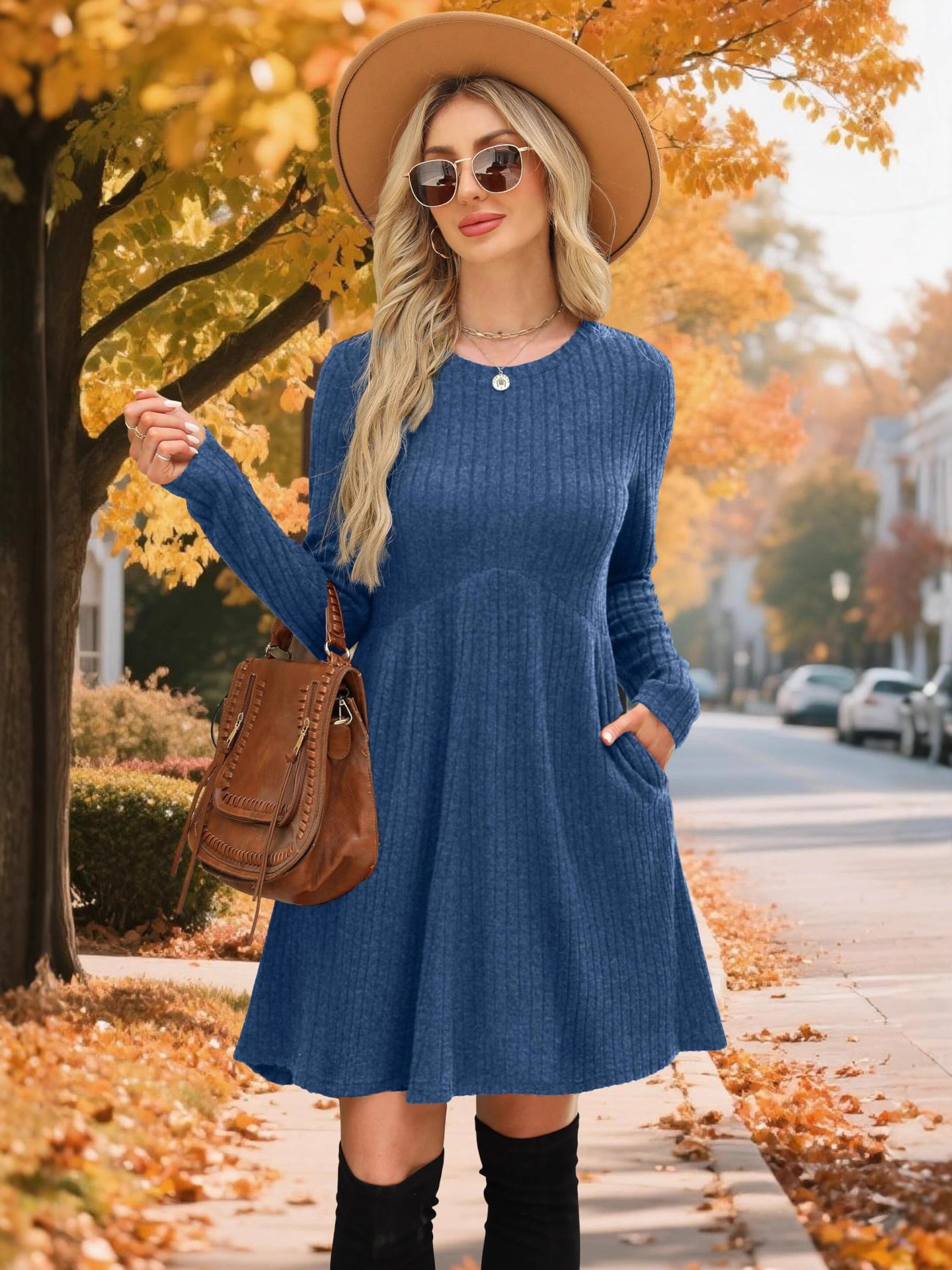 Round-neck, belted dress