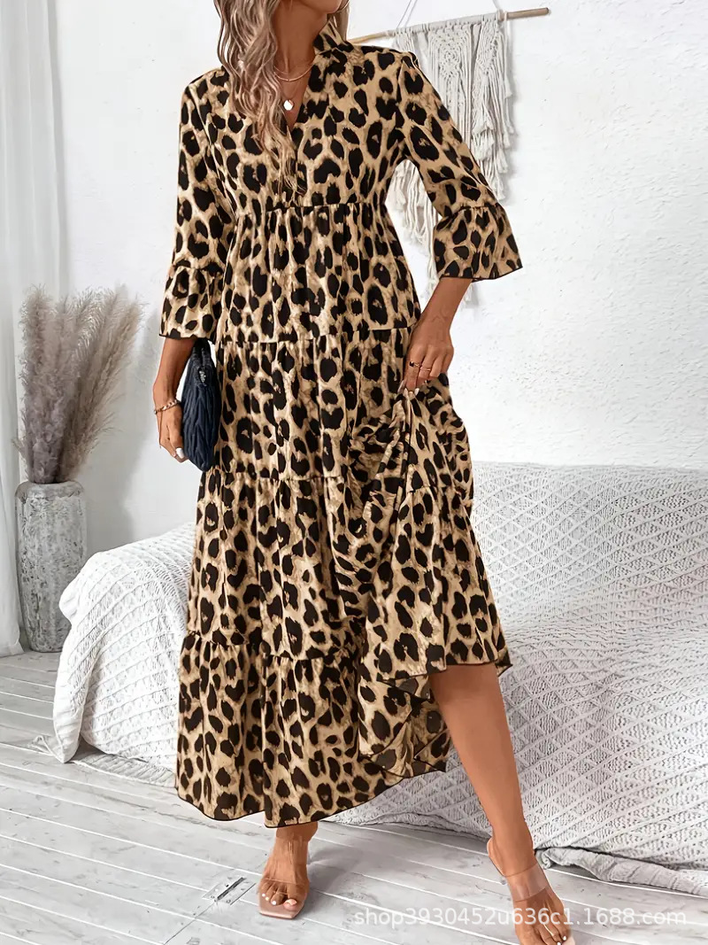 Leopard 3/4 Sleeve Midi Dress