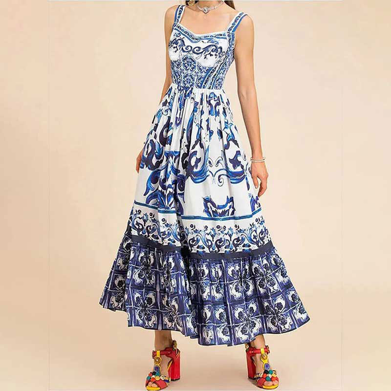 Bohemian vintage-style printed long dress