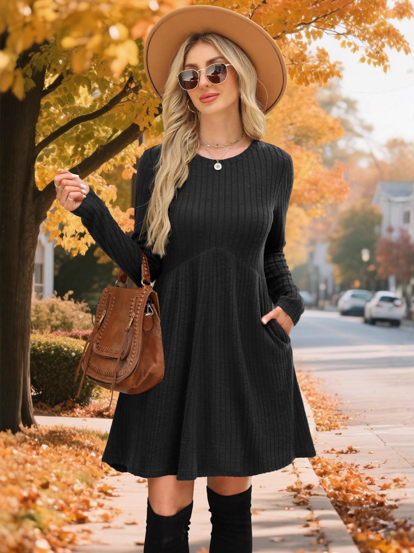 Round-neck, belted dress