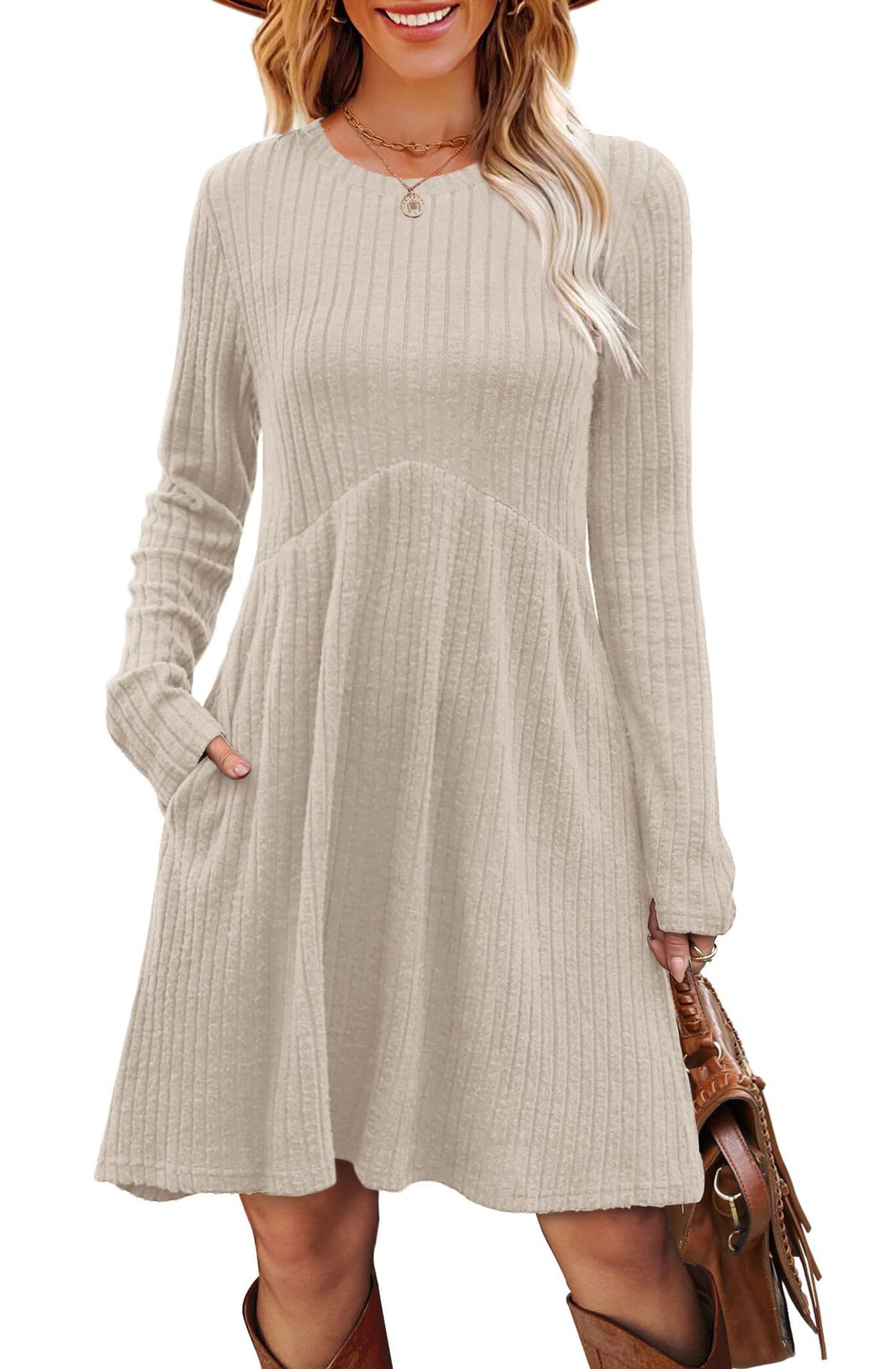 Round-neck, belted dress