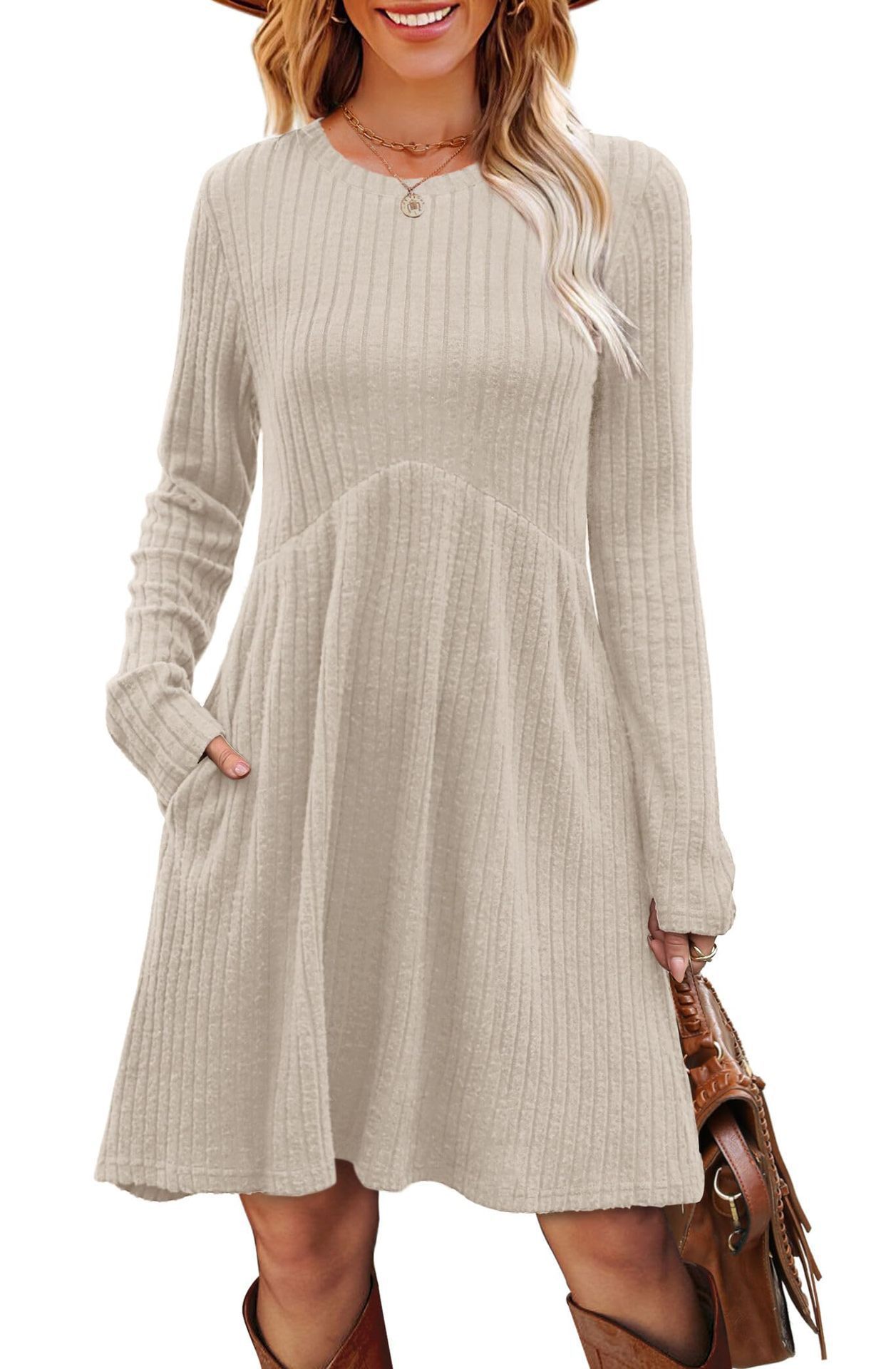 Round-neck, belted dress