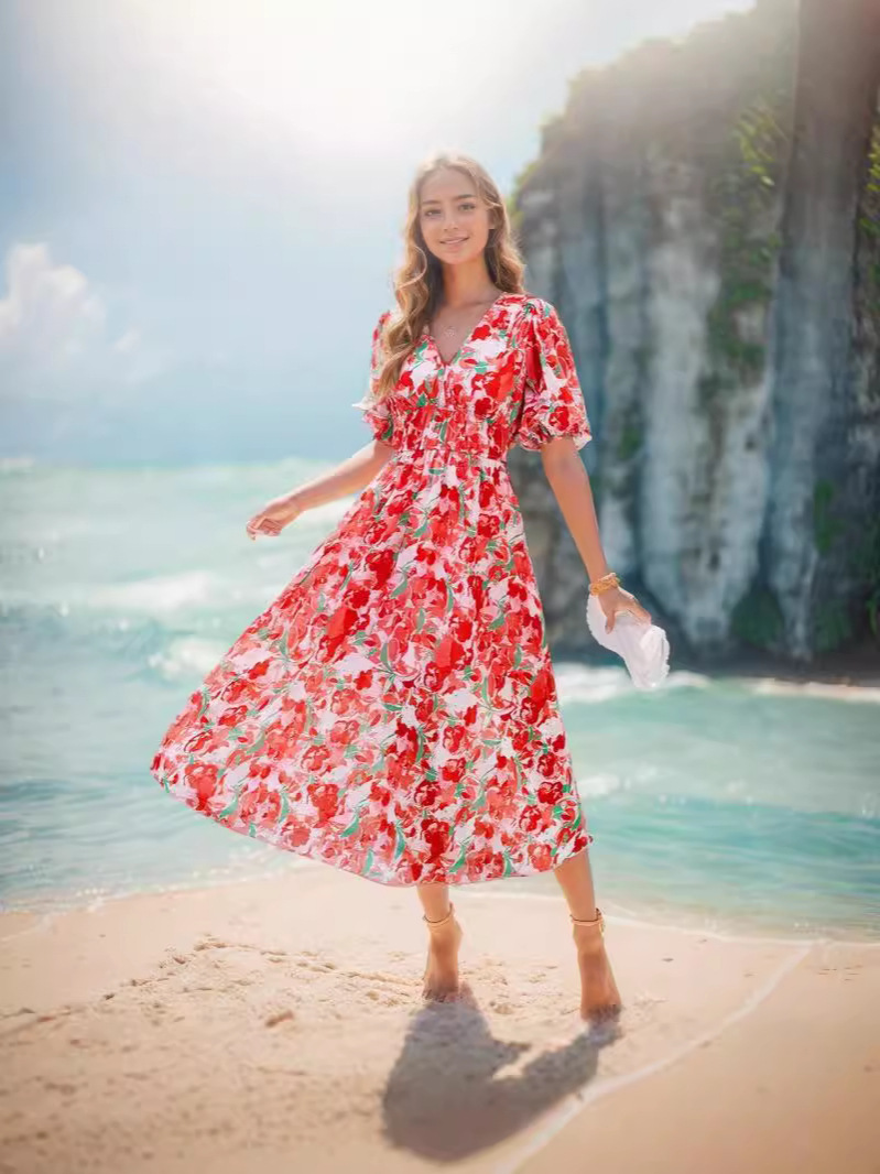 Women's V-neck floral print chiffon bohemian style long dress