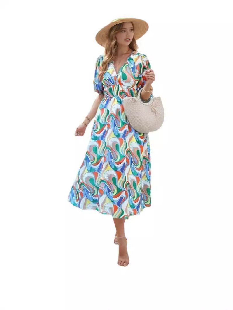 Women's V-neck floral print chiffon bohemian style long dress