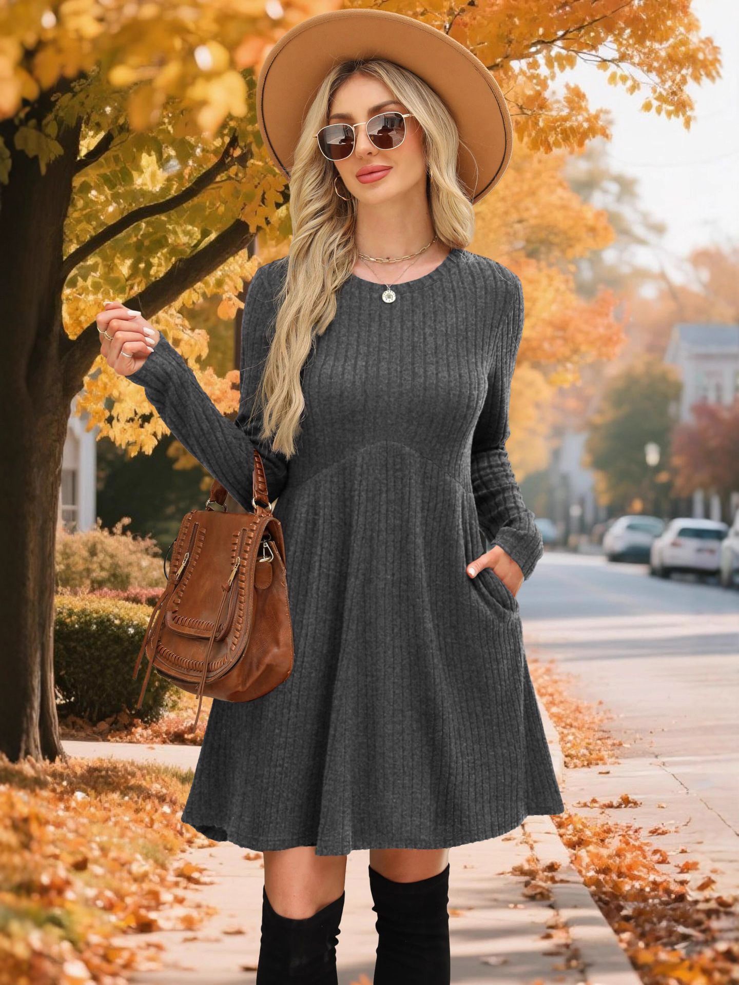Round-neck, belted dress