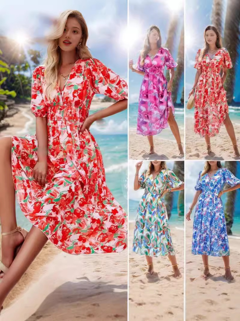 Women's V-neck floral print chiffon bohemian style long dress