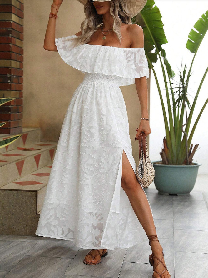 Women's off-the-shoulder ruffled slit long dress