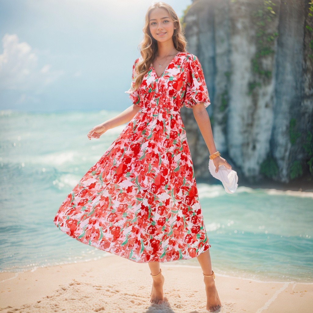 Women's V-neck floral print chiffon bohemian style long dress