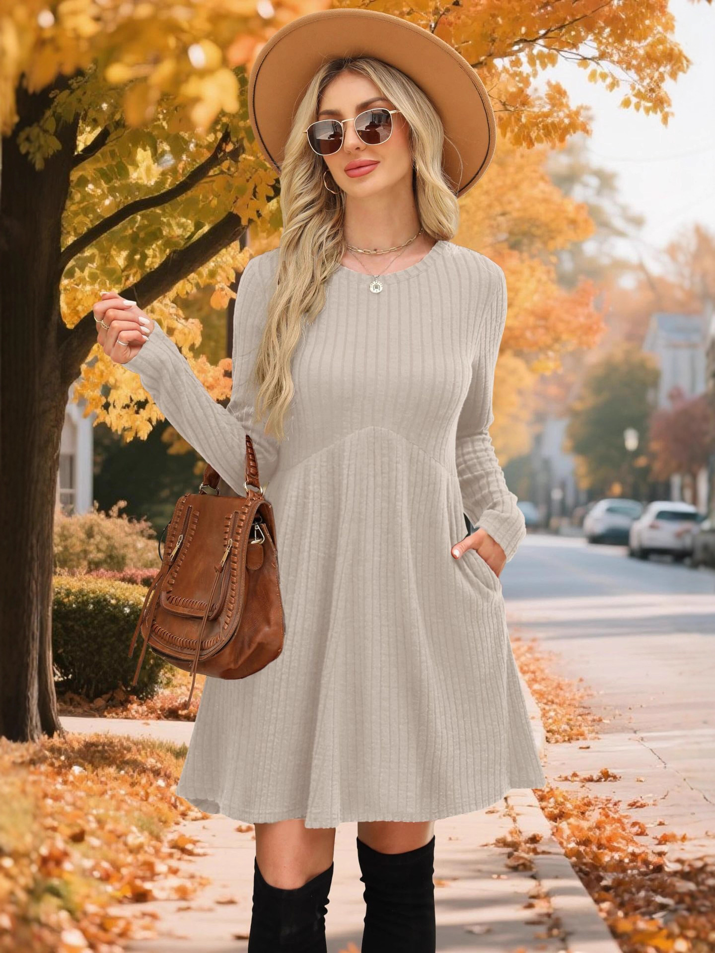 Round-neck, belted dress