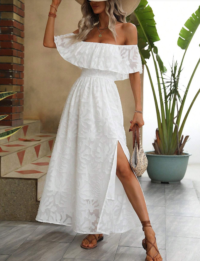 Women's off-the-shoulder ruffled slit long dress