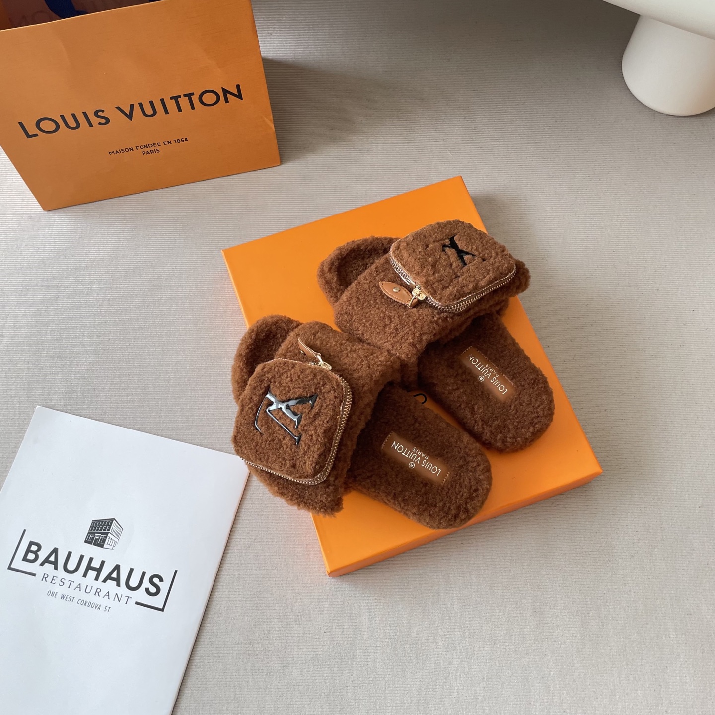 School bag, furry slippers