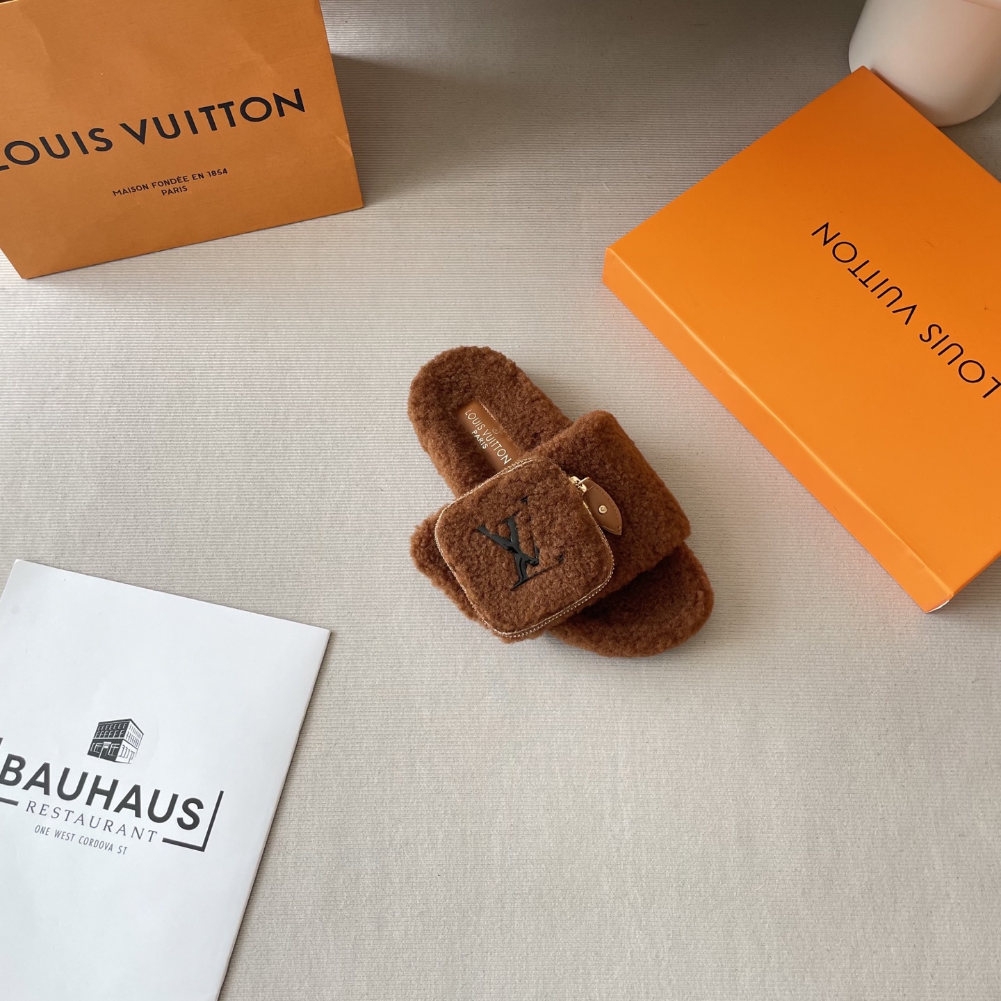 School bag, furry slippers