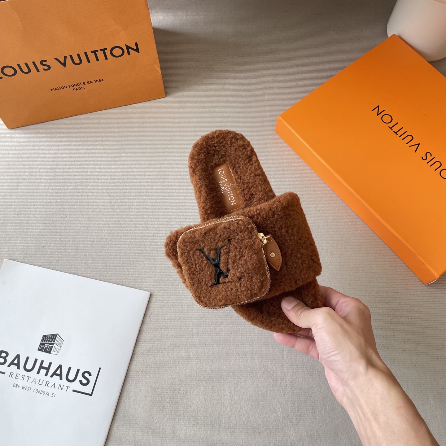 School bag, furry slippers