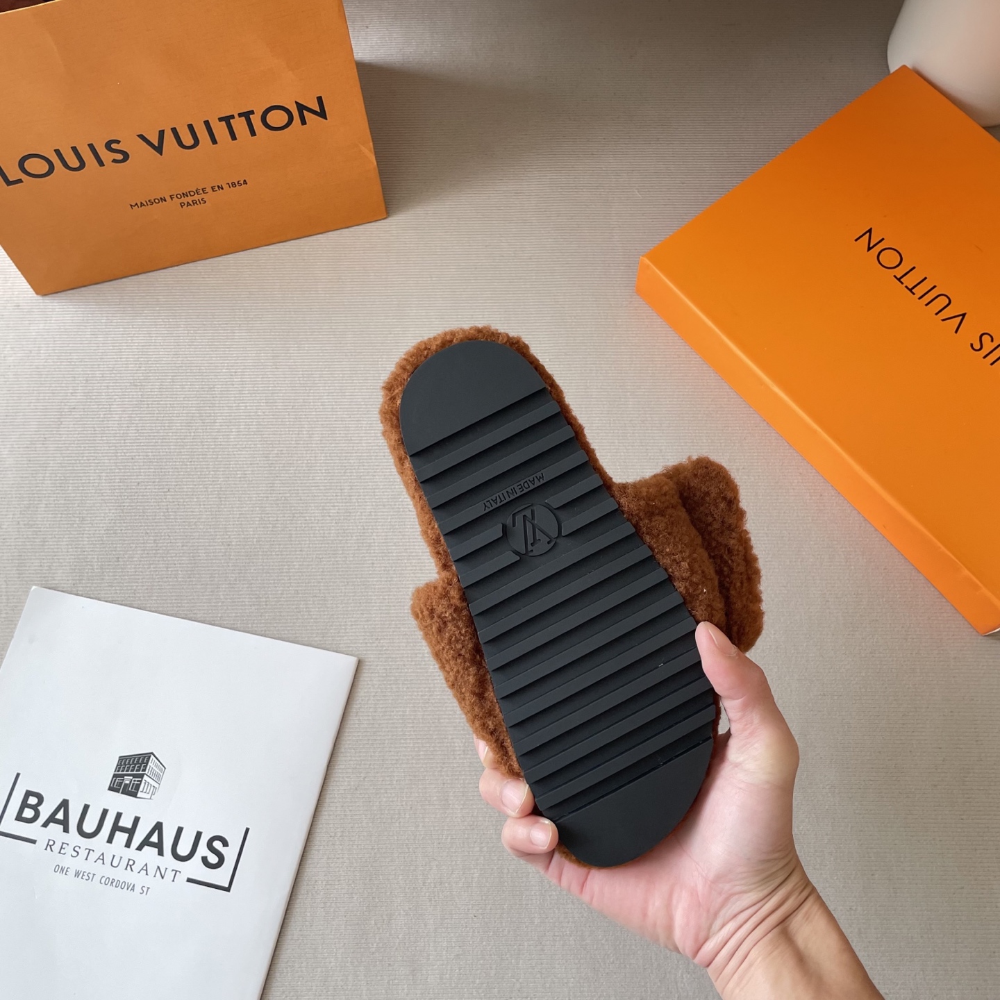 School bag, furry slippers