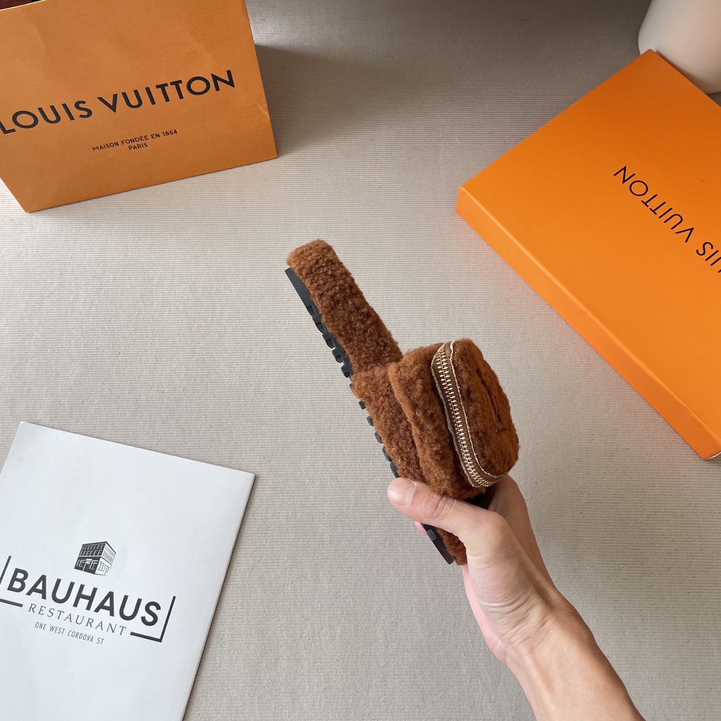 School bag, furry slippers