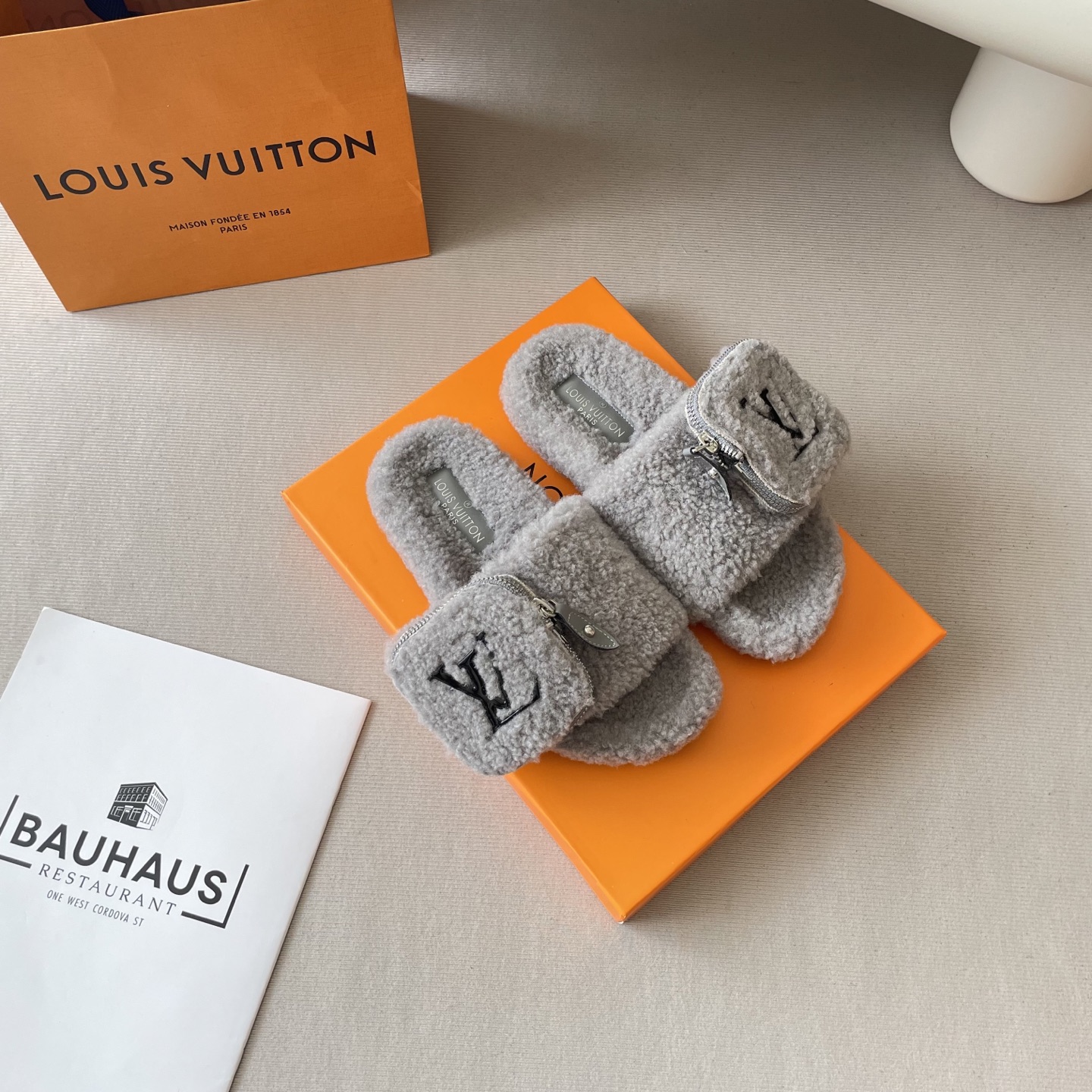 School bag, furry slippers