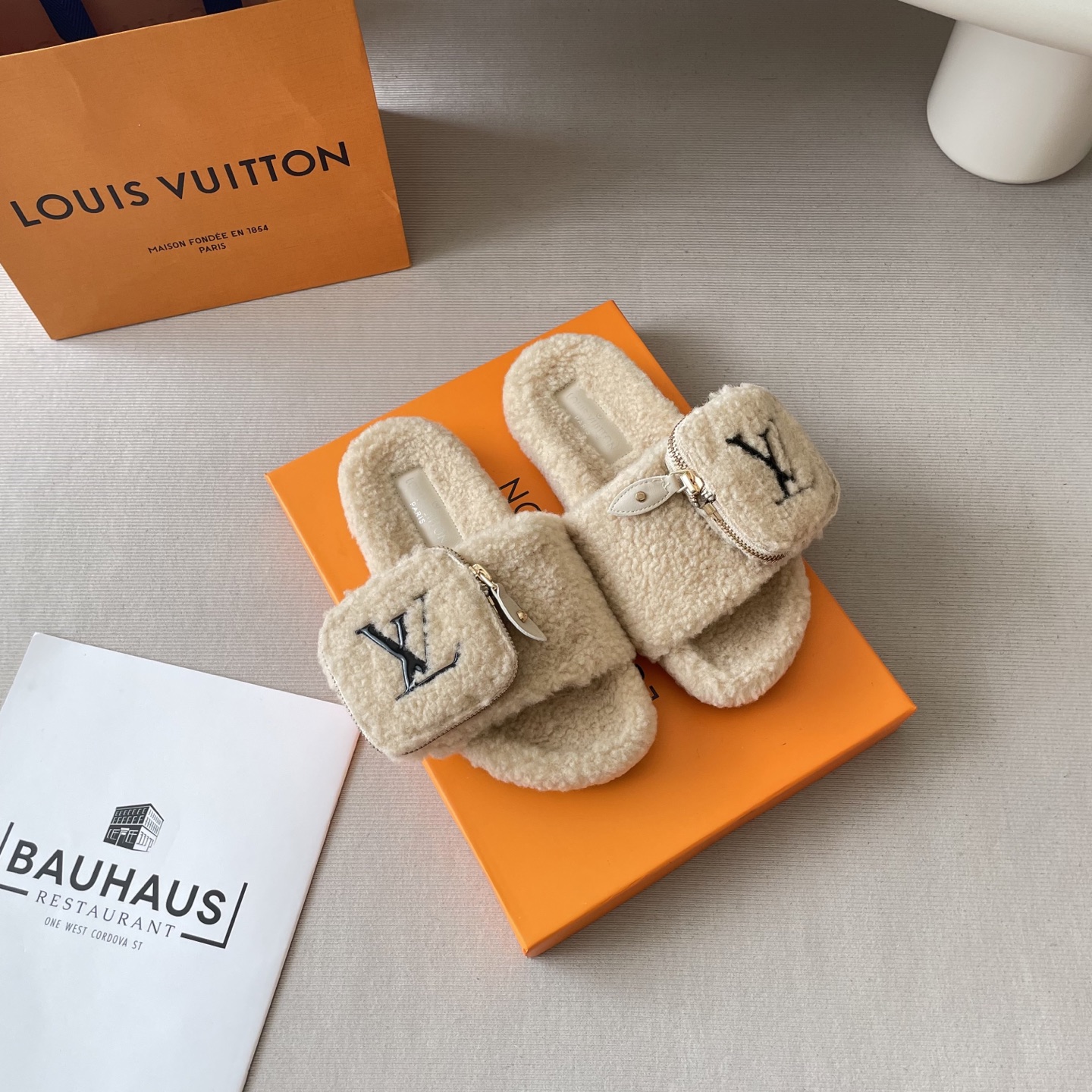 School bag, furry slippers