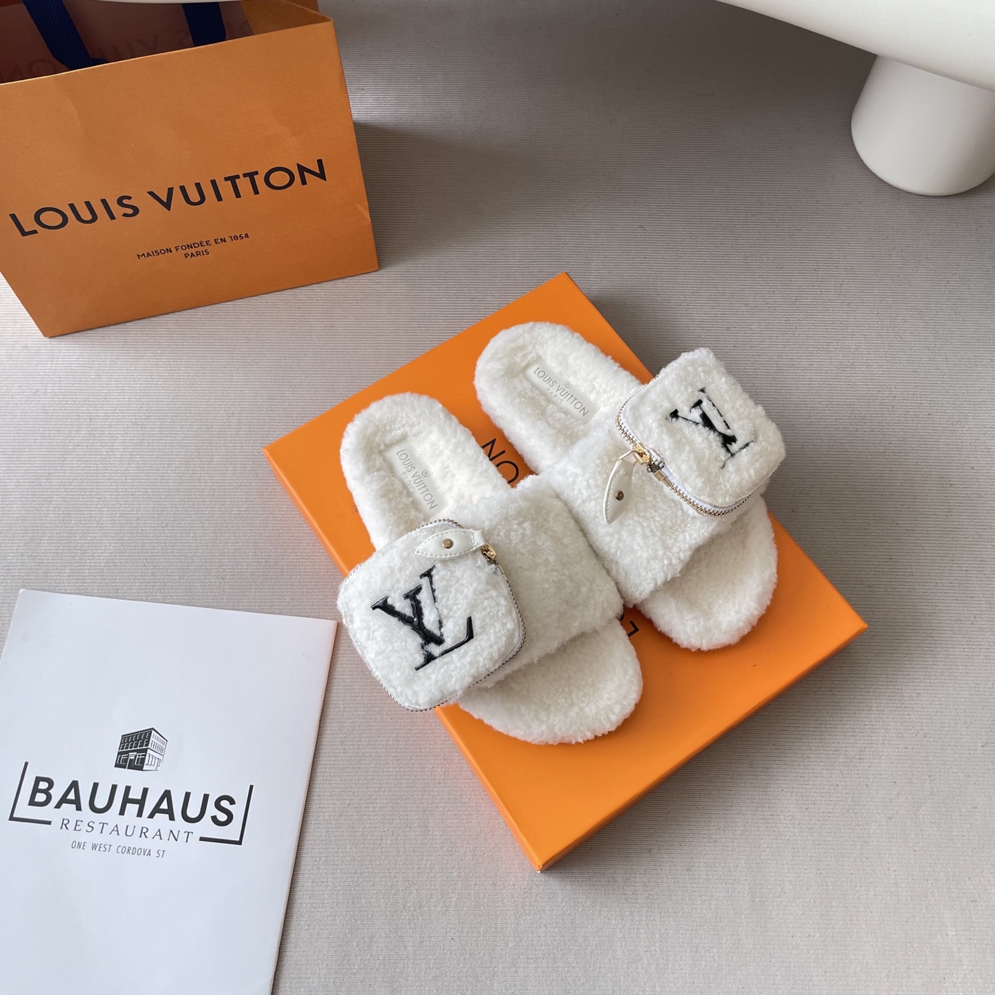 School bag, furry slippers