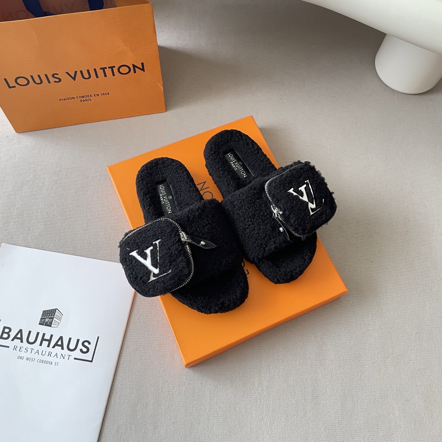 School bag, furry slippers