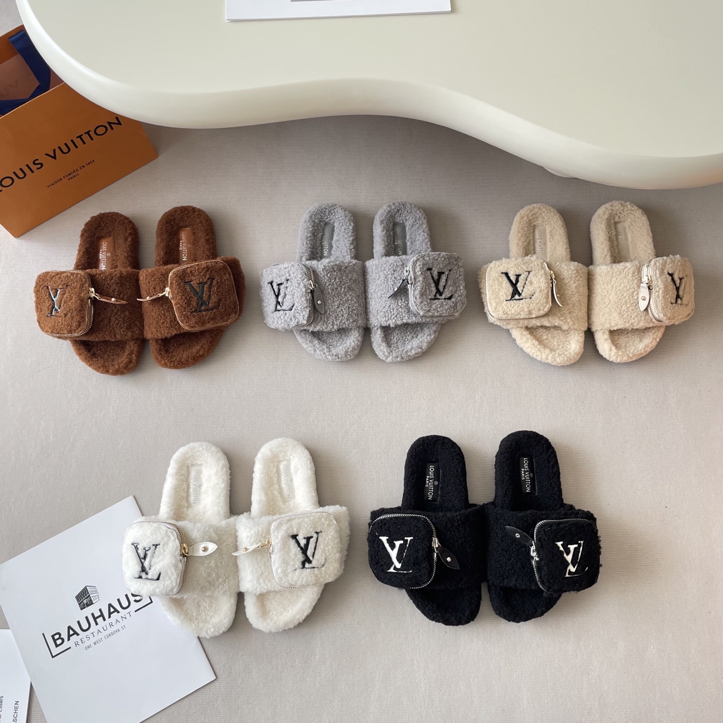 School bag, furry slippers