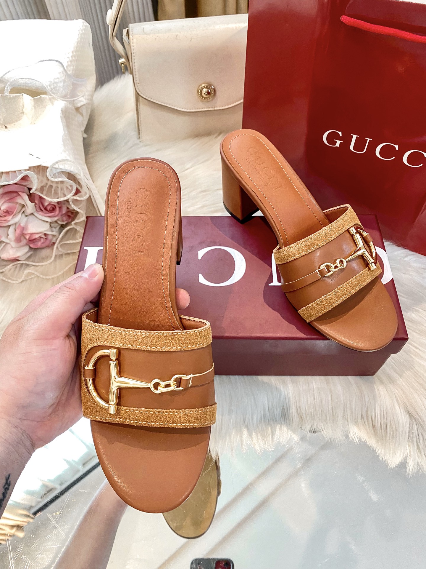 Brand new chunky-heeled slippers