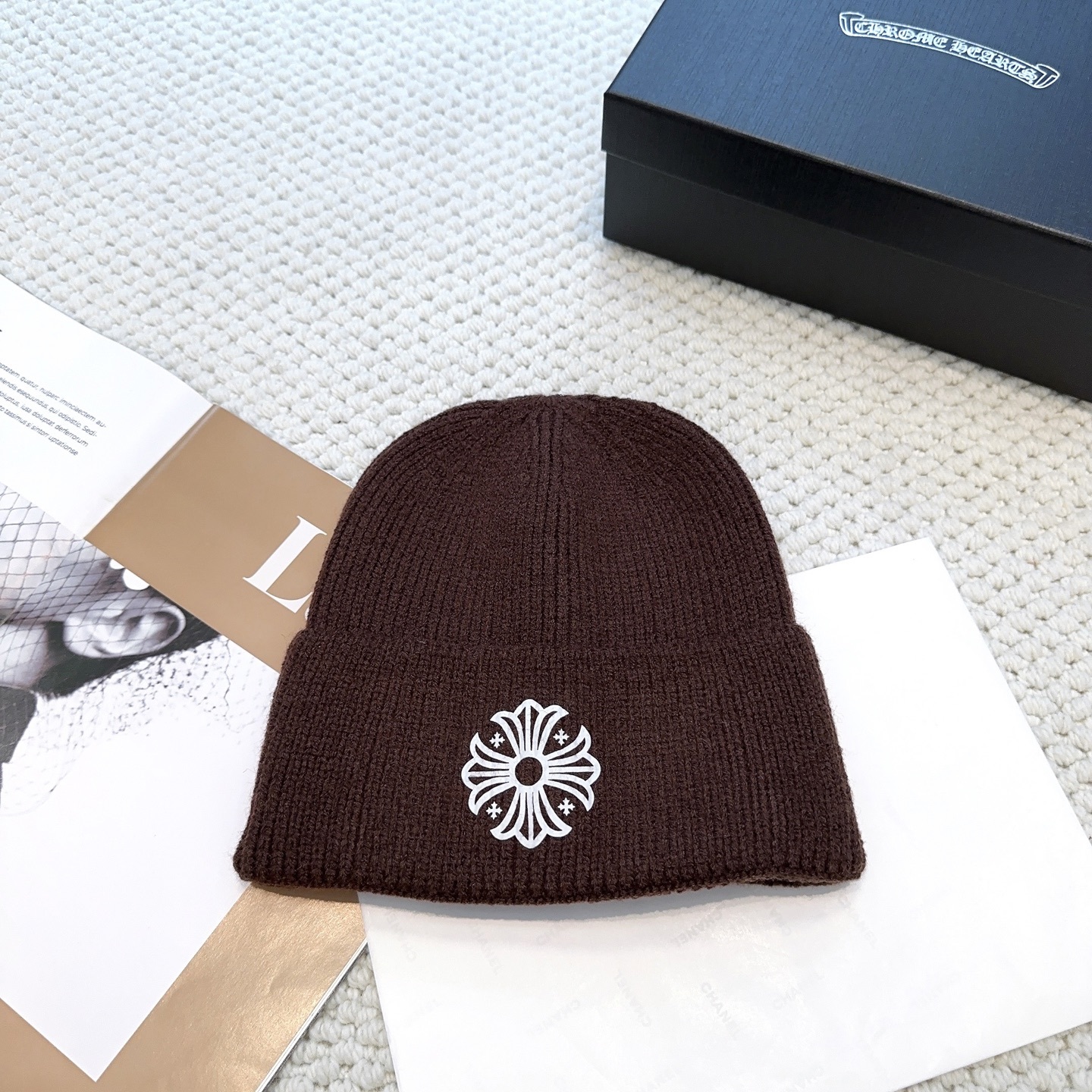 New autumn/winter collection knitted beanie with a cross design.