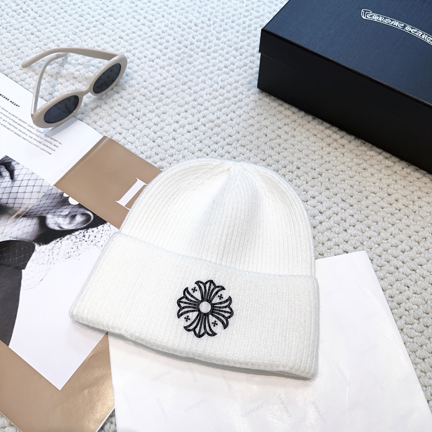 New autumn/winter collection knitted beanie with a cross design.