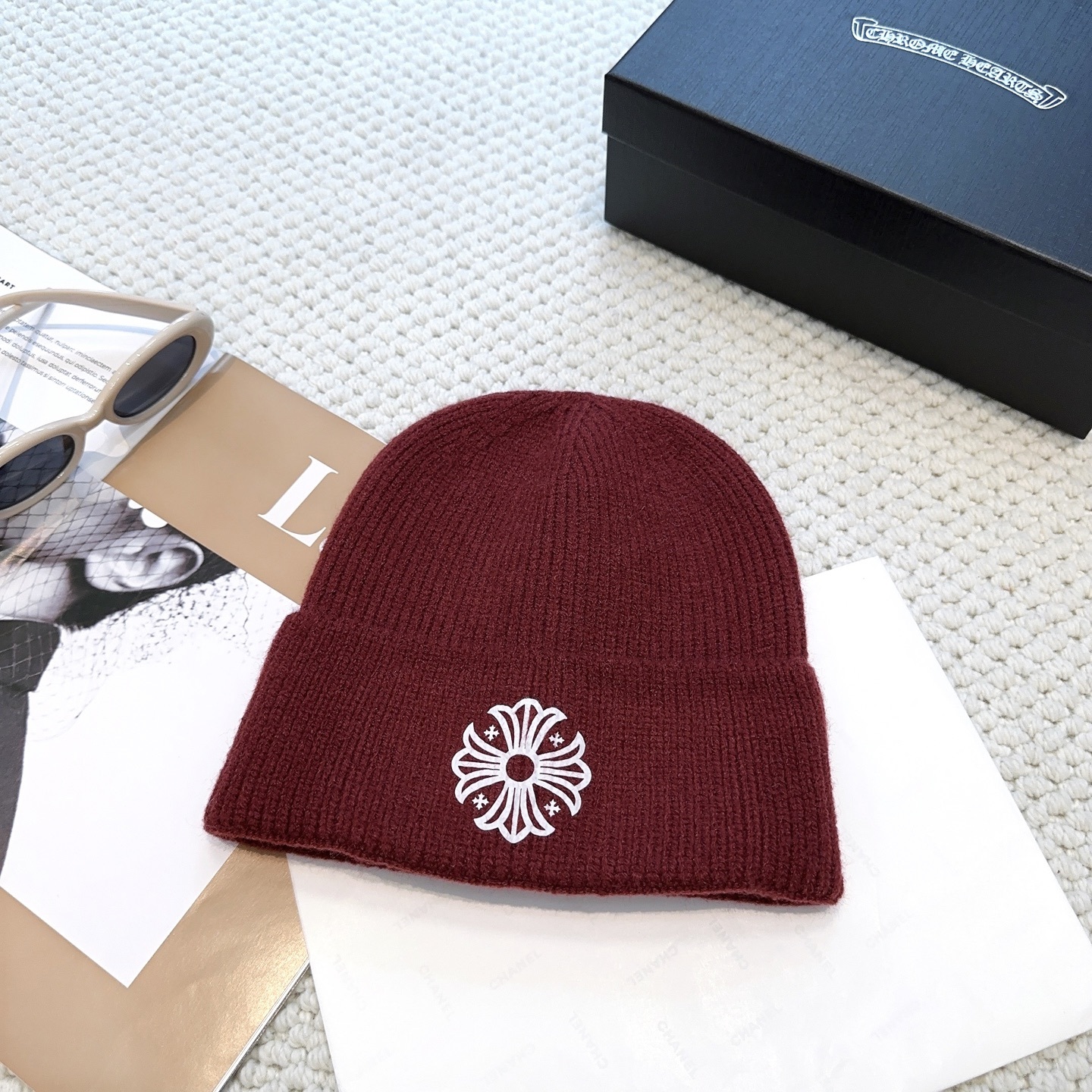 New autumn/winter collection knitted beanie with a cross design.