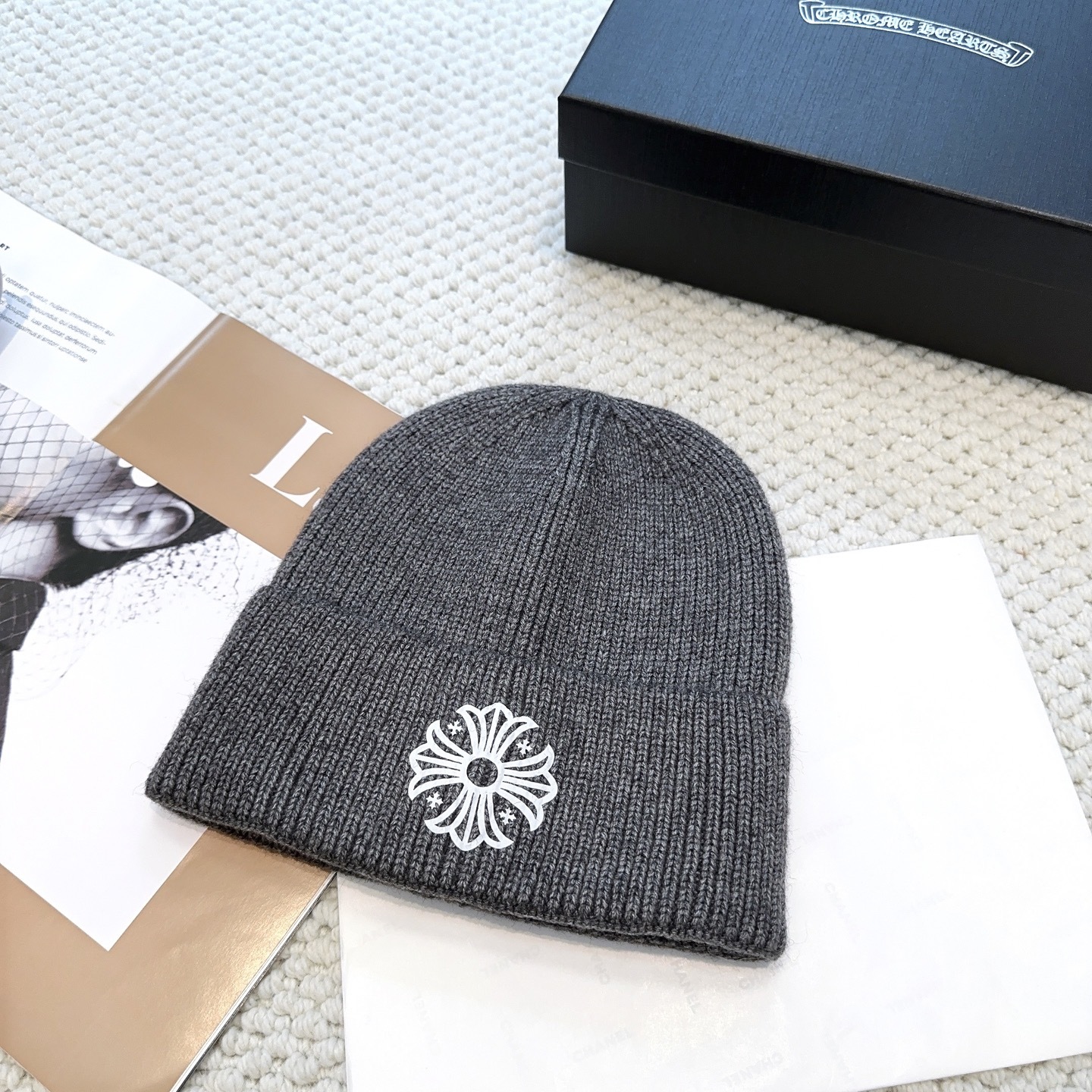 New autumn/winter collection knitted beanie with a cross design.