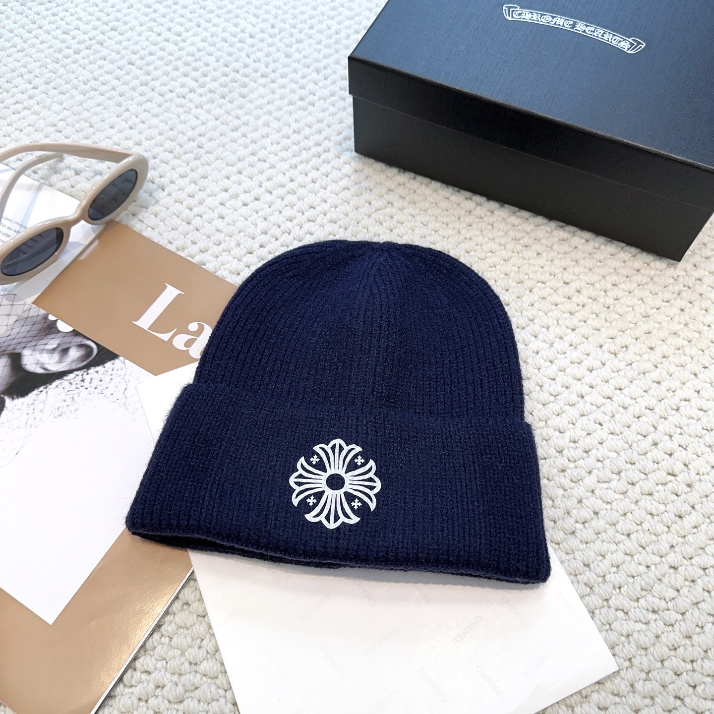 New autumn/winter collection knitted beanie with a cross design.