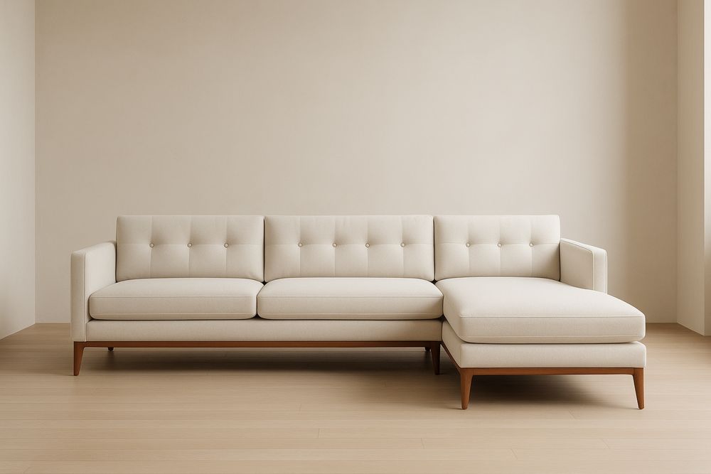 Divano angolare in tessuto poliestere crema con base in legno