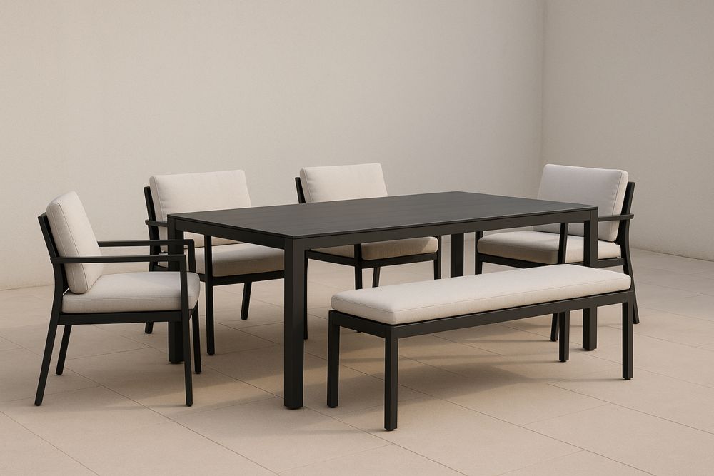 Set da Pranzo da Esterno in Alluminio Nero con Tavolo, Quattro Sedie e Panchina Cuscini Beige