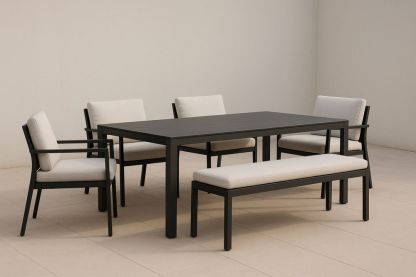 Set da Pranzo da Esterno in Alluminio Nero con Tavolo, Quattro Sedie e Panchina Cuscini Beige