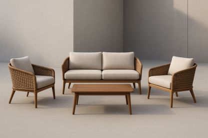 Set Divano da Giardino 4 Pezzi Rattan Legno Cuscini Sfoderabili Beige Naturale