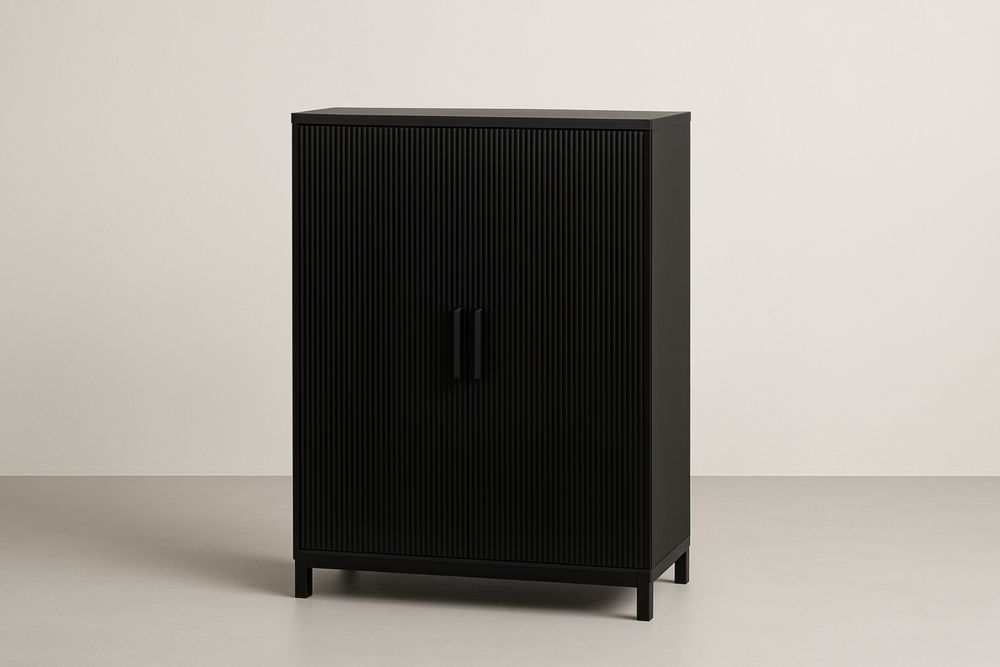 Mobile contenitore nero in legno con ante a doghe