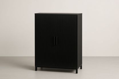 Mobile contenitore nero in legno con ante a doghe