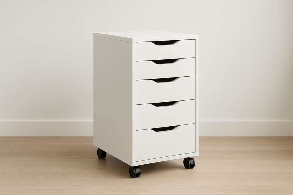 Cassettiera Bianca in MDF con Ruote e 5 Cassetti