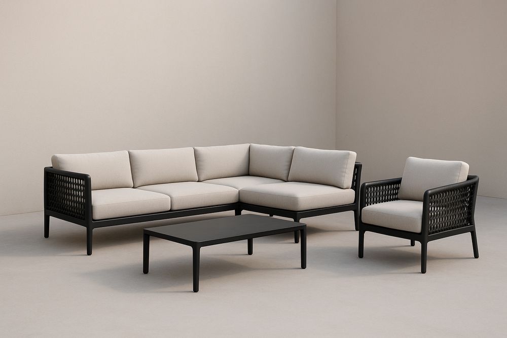 Set Divano Modulare in Rattan Sintetico con Tavolino e Poltrona Cuscini Rimovibili Beige Nero