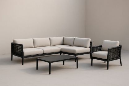 Set Divano Modulare in Rattan Sintetico con Tavolino e Poltrona Cuscini Rimovibili Beige Nero