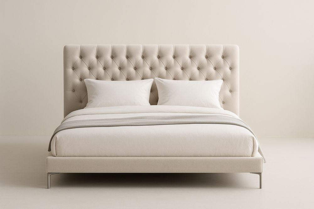 Letto imbottito in tessuto beige con testiera trapuntata 180x200×120 cm