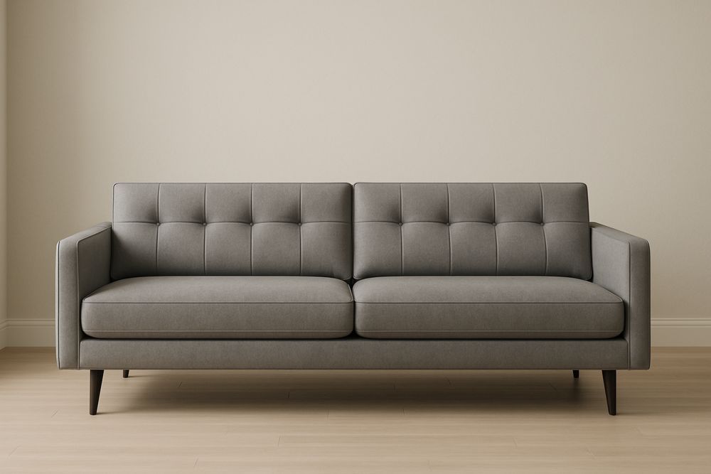 Divano due posti in legno e tessuto grigio, con cuscini inclusi.