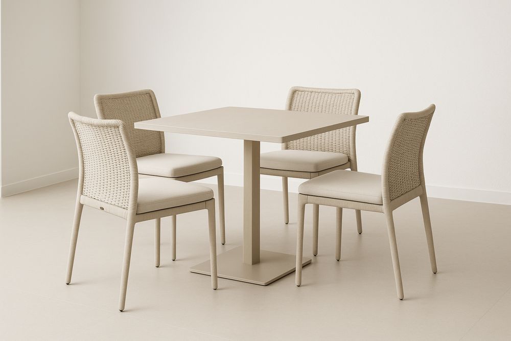 Set da Pranzo Quadrato in Alluminio con 4 Sedie in Tessuto di Poliestere Beige