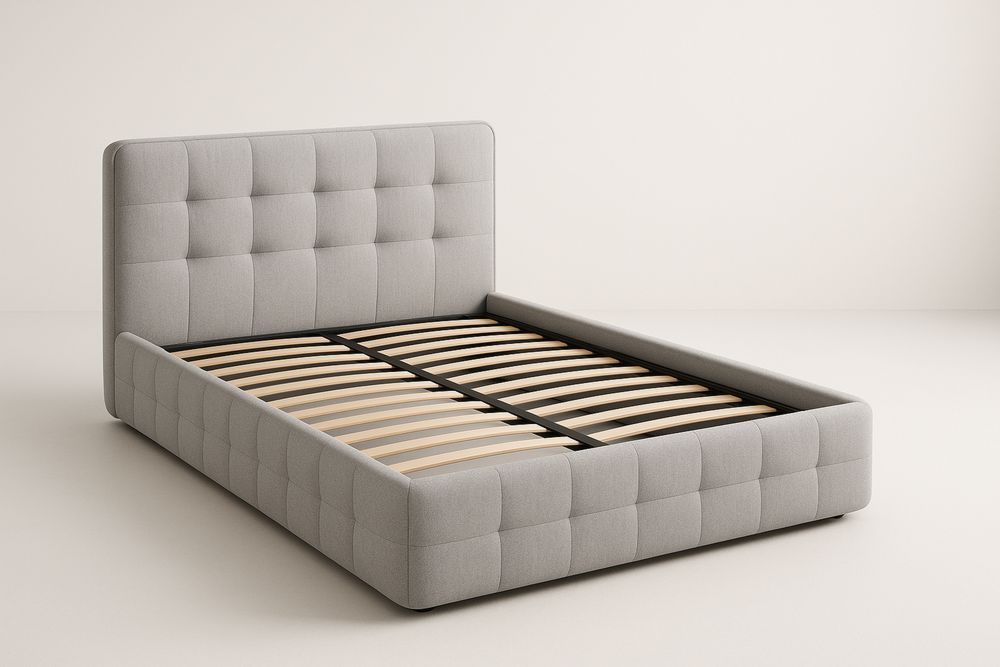 Letto contenitore matrimoniale tessuto grigio struttura in legno