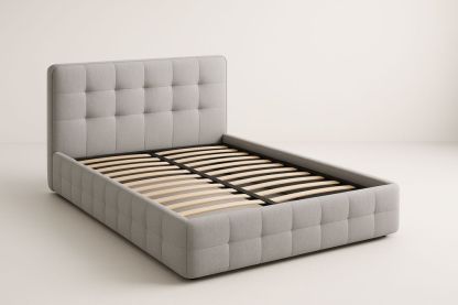 Letto contenitore matrimoniale tessuto grigio struttura in legno