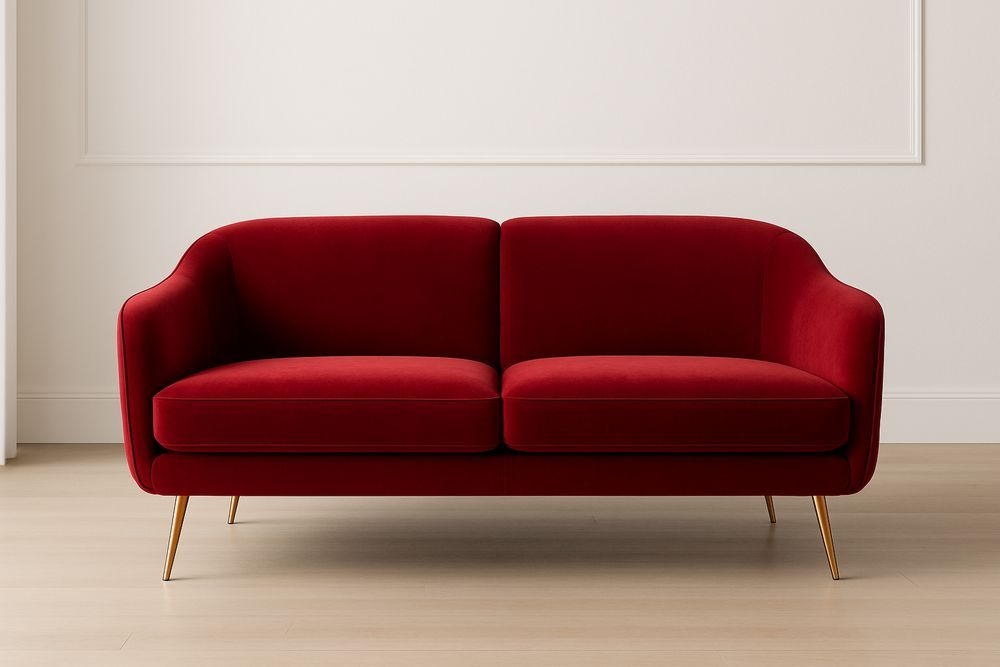 Divano a due posti in velluto rosso con gambe in metallo dorato