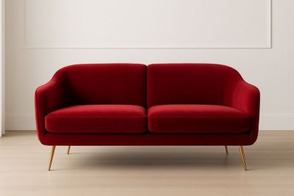 Divano a due posti in velluto rosso con gambe in metallo dorato