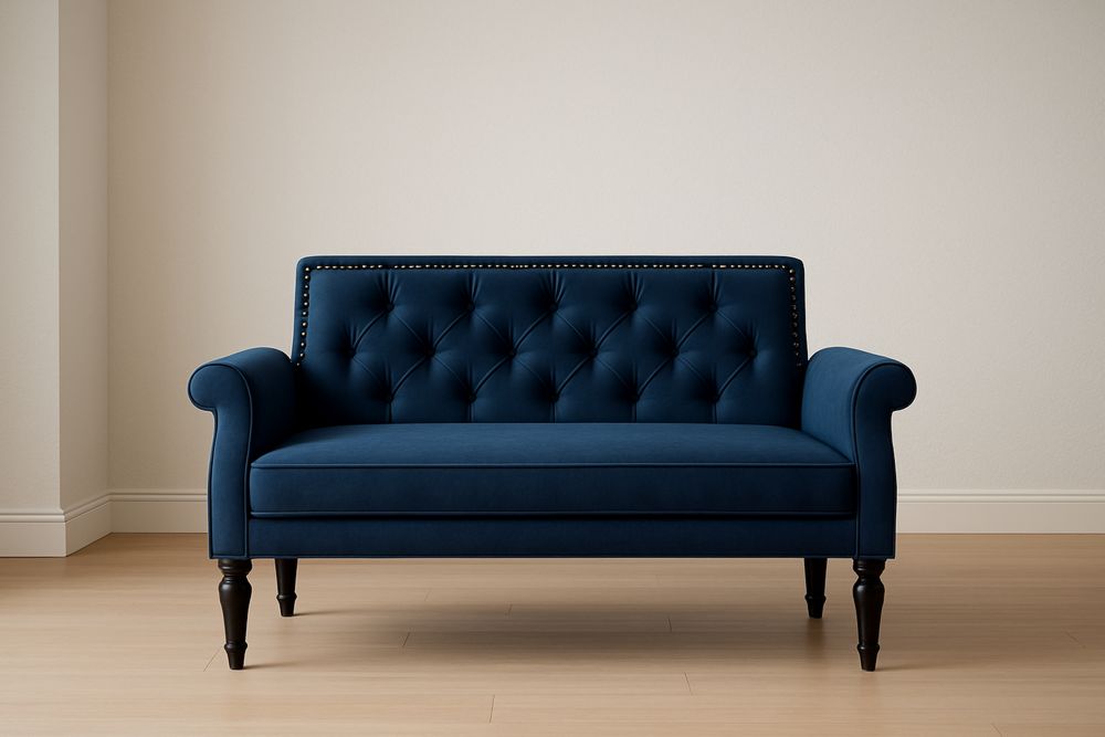 Divano in Velluto Blu Scuro con Gambe in Legno Massello