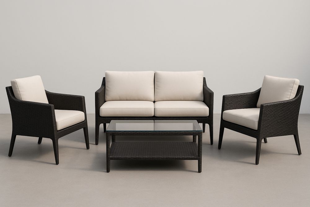 Set da giardino in polyrattan con cuscini sfoderabili beige e nero.