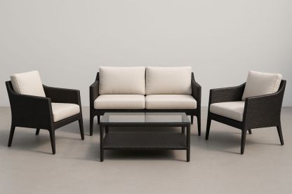 Set da giardino in polyrattan con cuscini sfoderabili beige e nero.